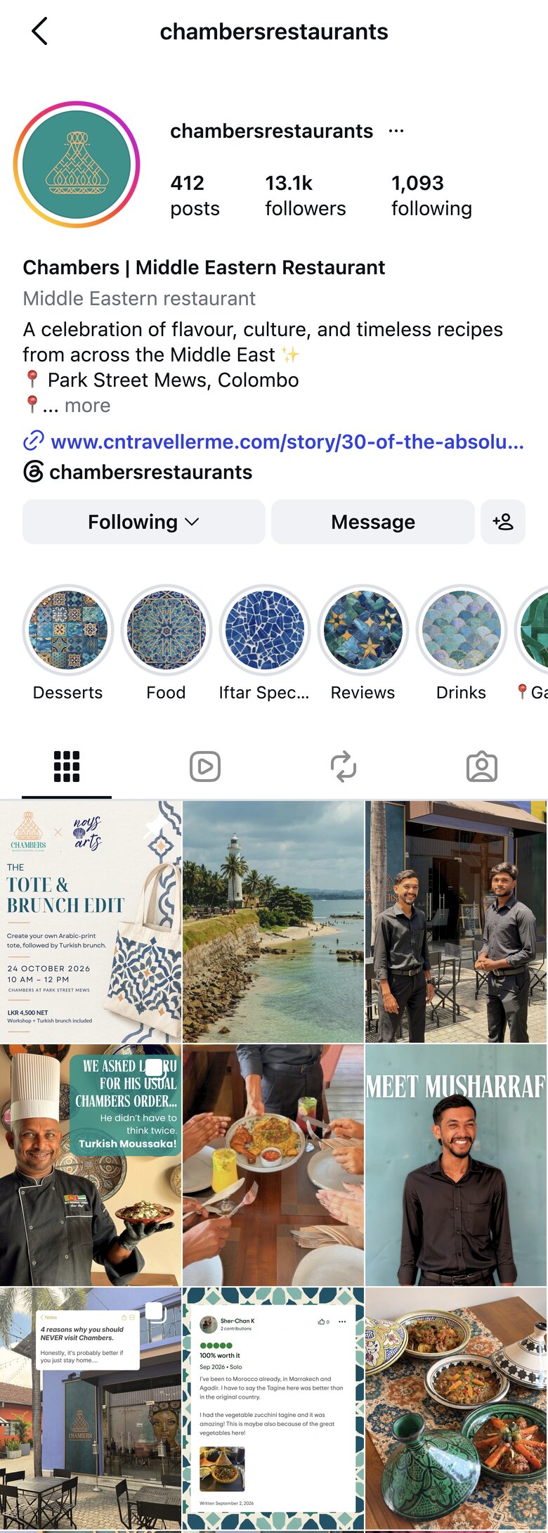 The Chambers Instagram profile: the icon as the profile picture, the bio, story highlights and the grid