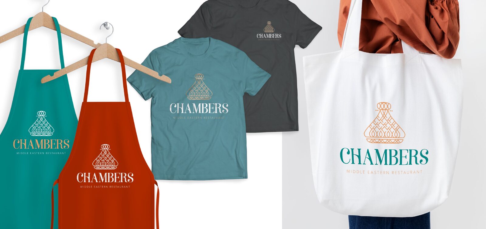 Aprons, T-shirts and a tote bag with the Chambers logo