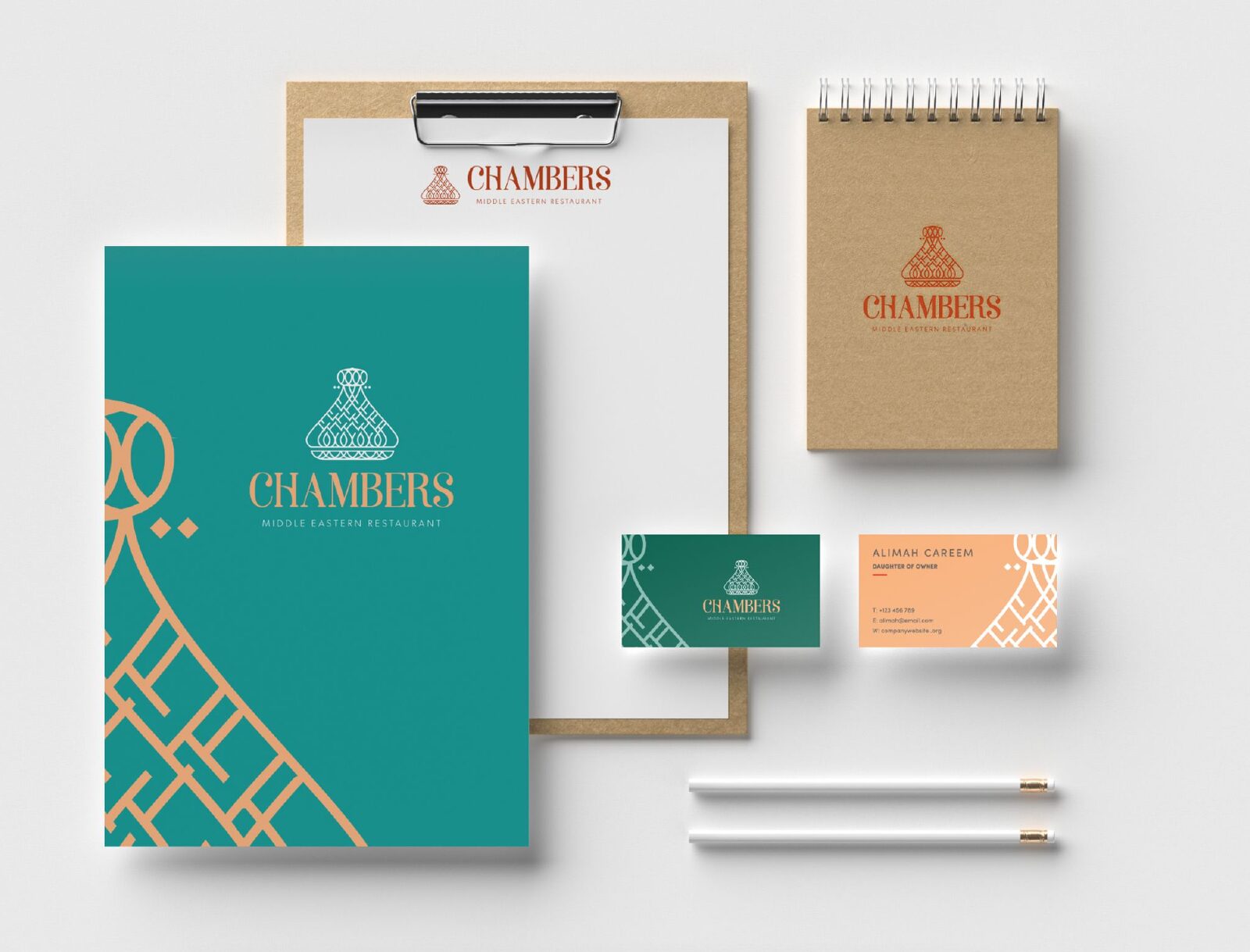 Chambers stationery: folder, notebook, letterhead and business cards
