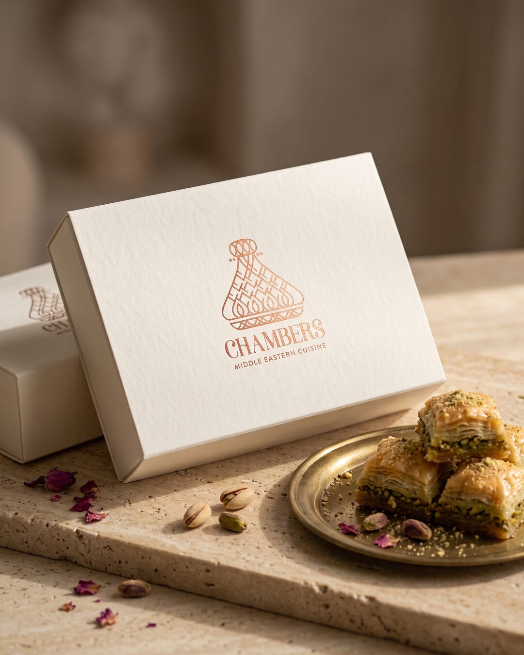 Baklava boxes, copper foil on white