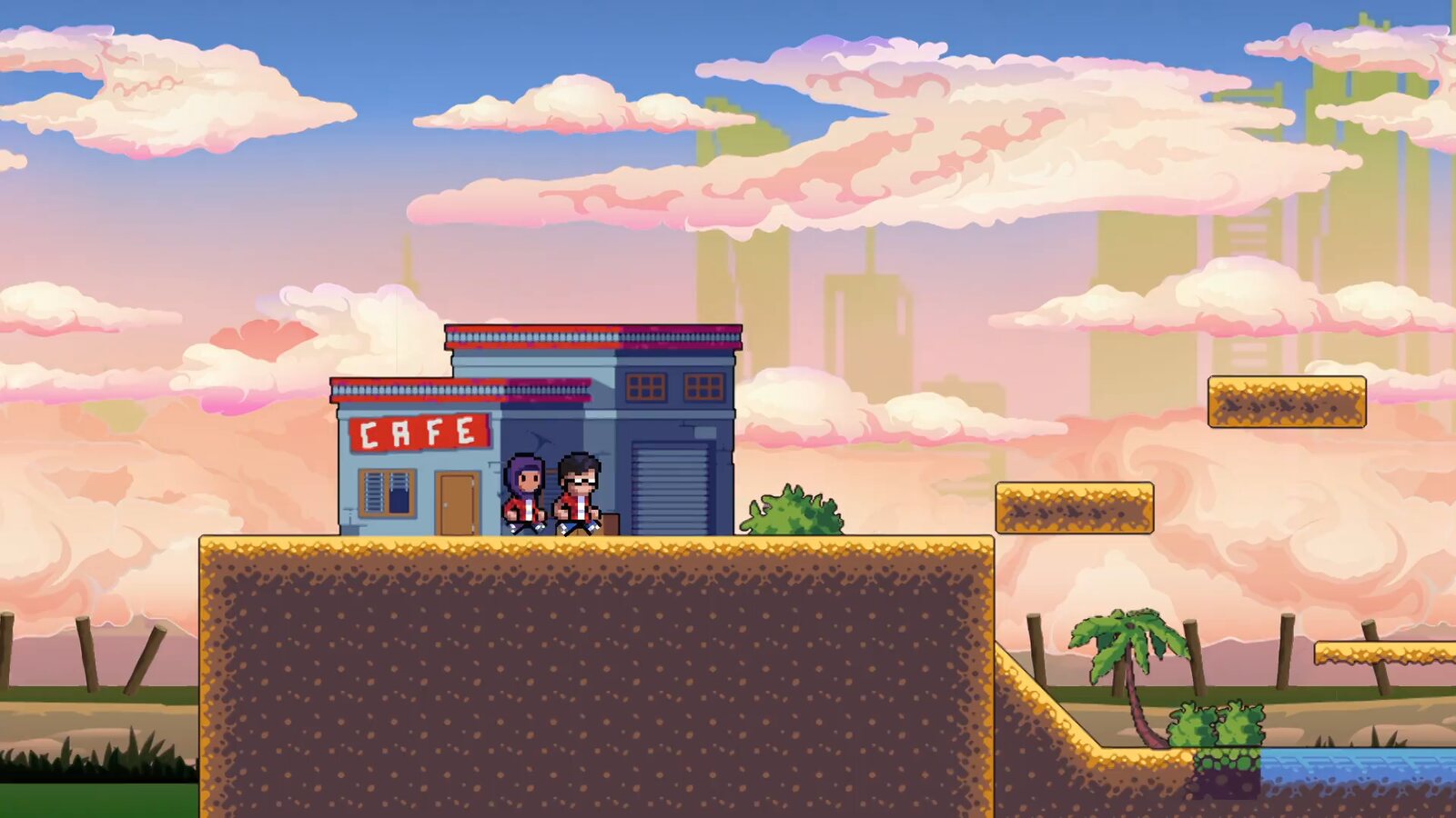 A frame from the video version: the heroes outside a café, with a mint-green city and pink clouds behind