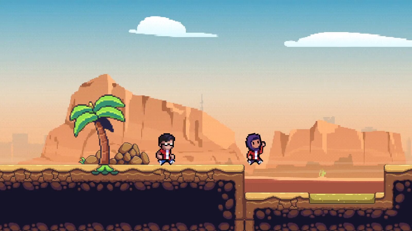 A frame from the video version: the two heroes cross a desert of orange mesas under a blue sky