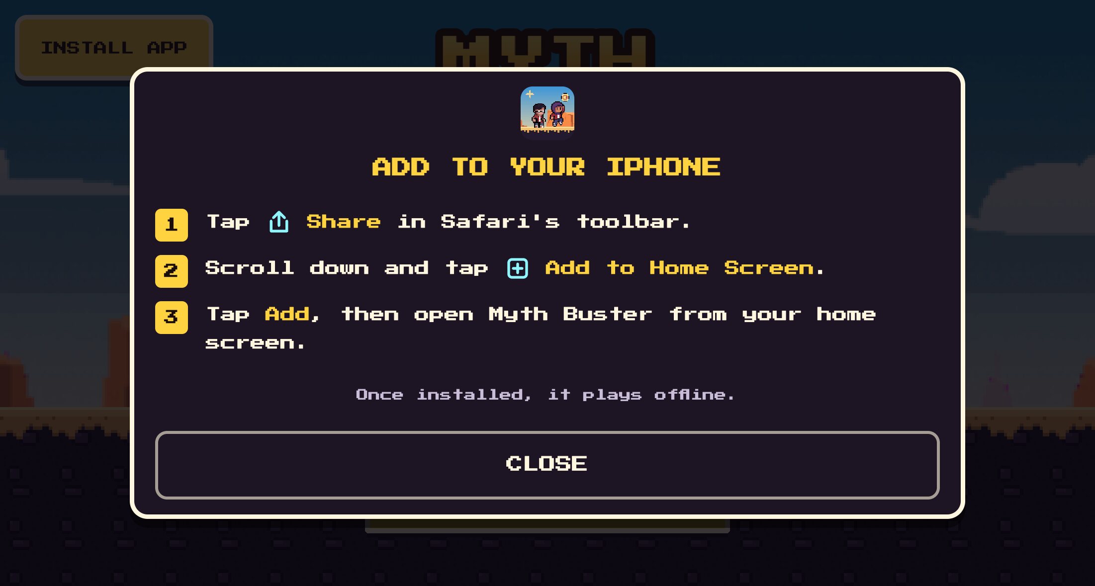 The install sheet on an iPhone: numbered steps to add Myth Buster to the home screen from Safari's share menu