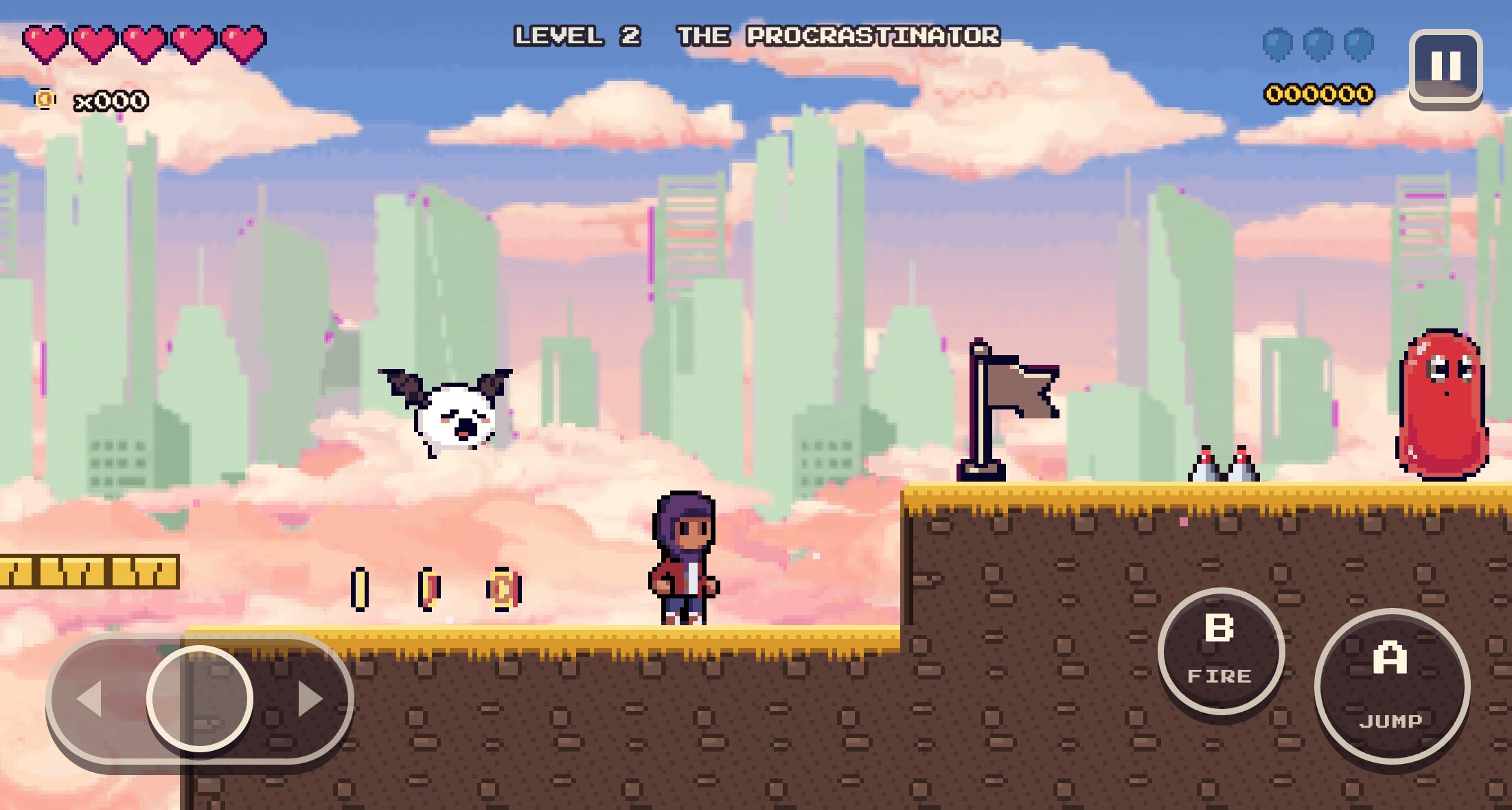 Myth Buster on a phone held sideways, in the city level, with the pause button top right, a thumb-stick area bottom left and round A and B buttons bottom right