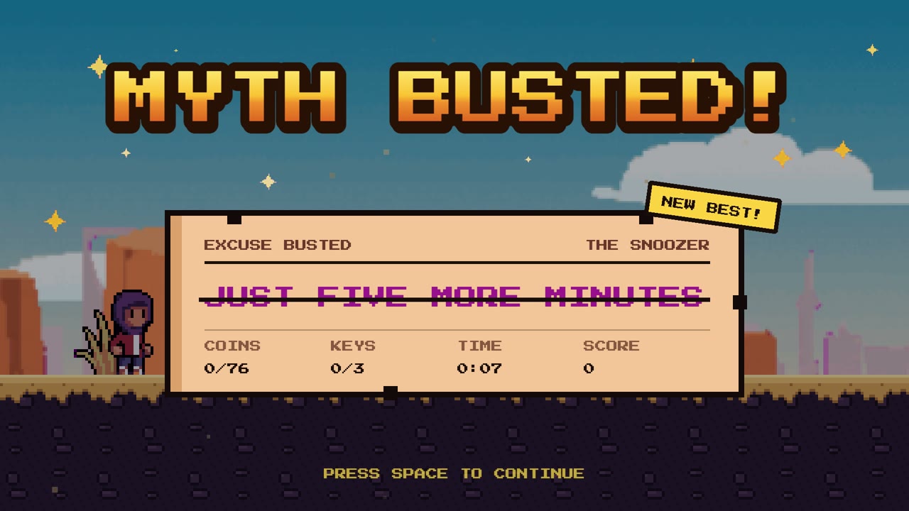 The MYTH BUSTED screen: gold pixel letters over a card reading EXCUSE BUSTED, THE SNOOZER, with JUST FIVE MORE MINUTES struck through, the run's coins, keys, time and score along the bottom, and a NEW BEST sticker on the corner