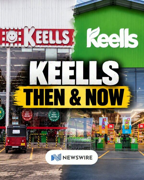 A NewsWire reel cover: Keells, then and now, with the NewsWire badge over a supermarket front