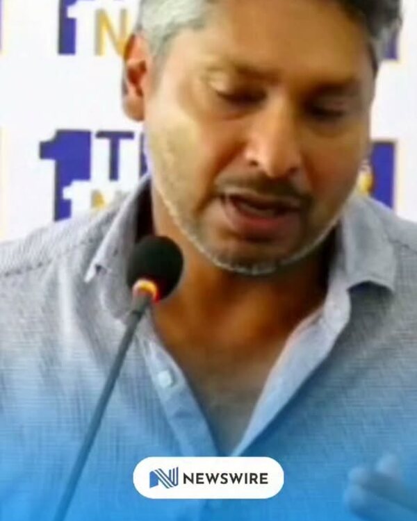 A NewsWire reel cover: Kumar Sangakkara at a press conference, with the NewsWire badge
