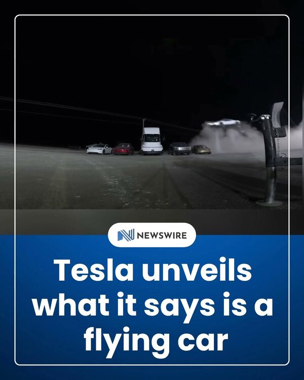 A NewsWire reel cover: Tesla unveils what it says is a flying car, with the NewsWire badge above the headline