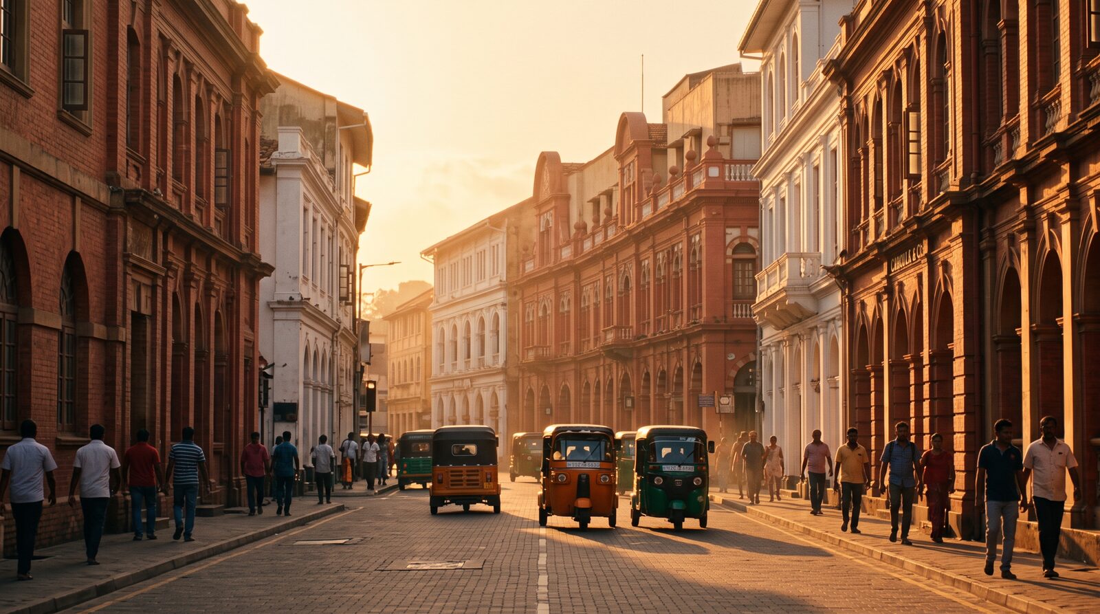 A NewsWire transition between stories, over a street in Colombo Fort at golden hour: the three ribbons of the N fly in along their 48 degree axis and lock together, then the camera dives into the stem and blue stripes sweep off onto a press conference