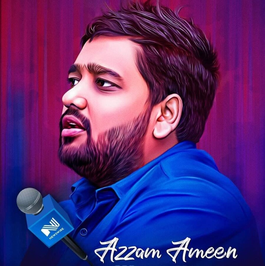 Azzam Ameen's profile picture, an illustration of him holding a microphone with a NewsWire mic flag