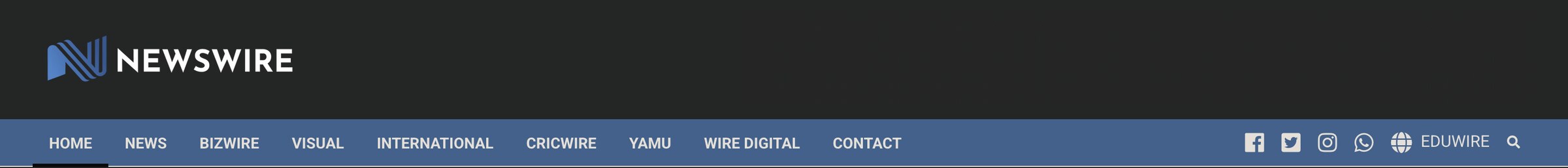 The newswire.lk masthead: the single-line logo in white on dark grey, over a blue menu bar