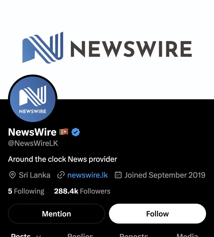 NewsWire's profile on X: the single-line logo as the header and the blue box logo as the profile picture, 288.4 thousand followers