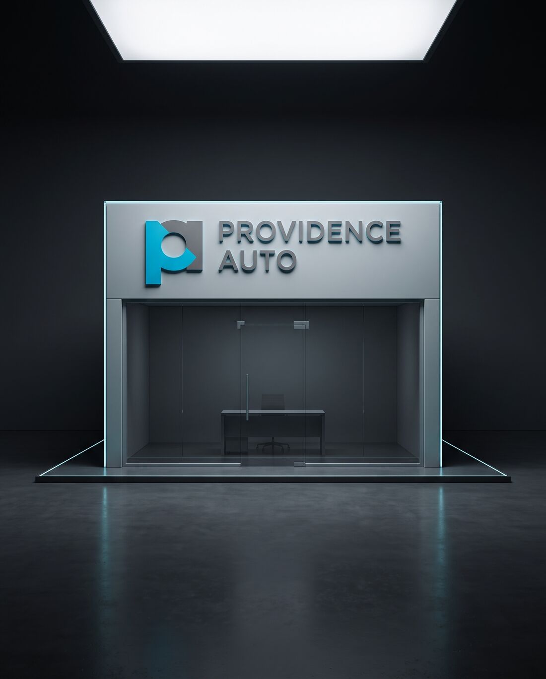 An office entrance with the Providence Auto logo in built-up letters on a lit fascia