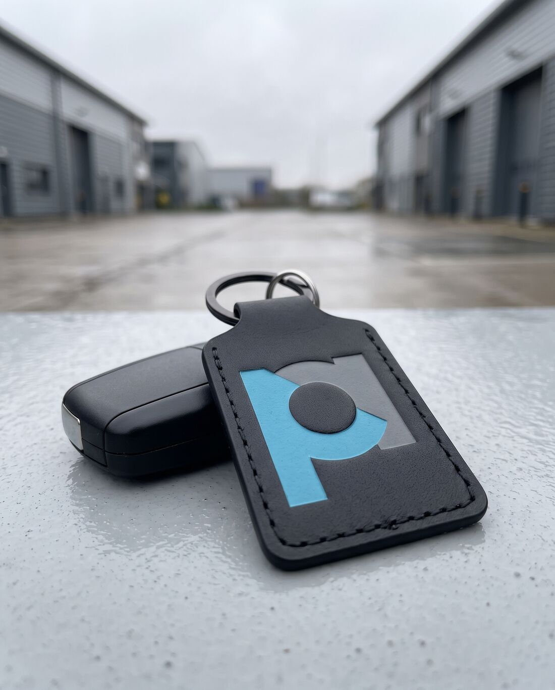 A car key with a black leather tag carrying the pa mark in cyan and grey