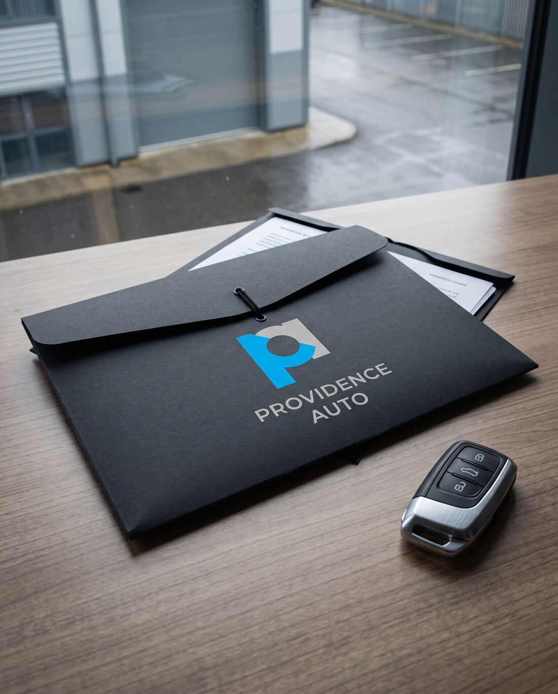A black document wallet with the stacked Providence Auto logo, beside a car key